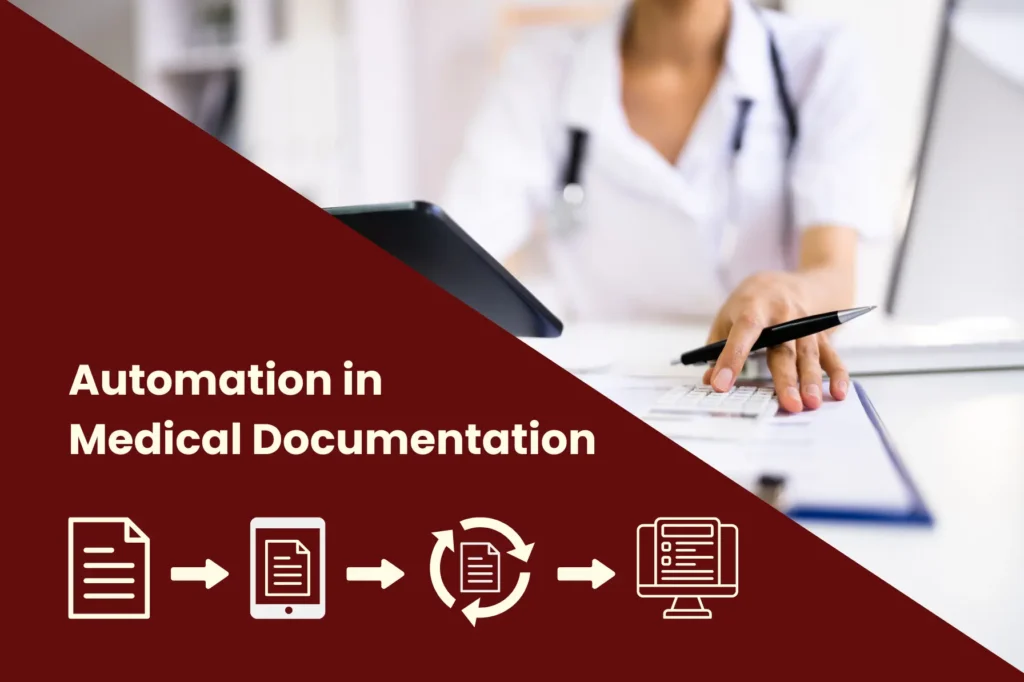 Image of a doctor in the background. Process design that depicts automation in medical documentation