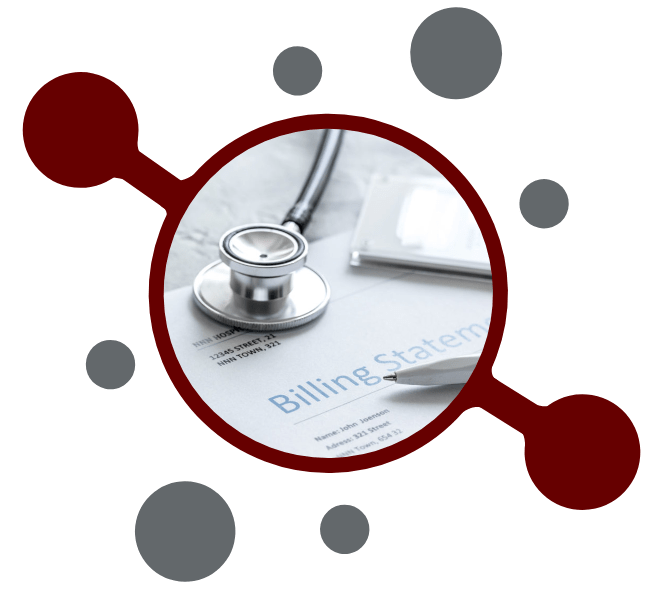 A circular image showing a magnifying glass over a document, symbolizing the careful review and pursuit of denied medical claims.